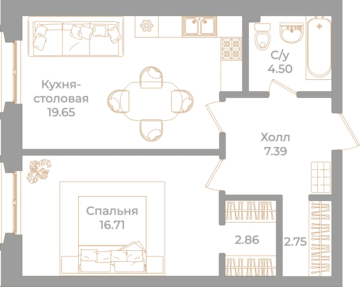 Планировка 1-комнатная 53,9 м² в клубном доме «Фонтанка 130» — Клубный дом «Фонтанка 130»